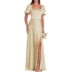 Satijnen galajurken met pofmouwen en split effen vloerlengte A-lijn korset formele avondjurk, Champagne, 32