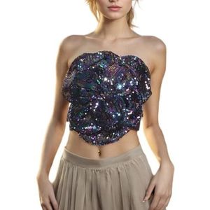 CakfLjkhl Dames 3D Flower Crop Tube Top Pailletten Strapless Bandeau Zomermode Uitgaan Top,zwart,L