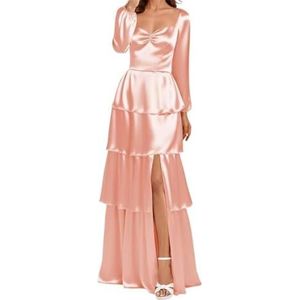 AHERKLL Bruidsmeisjesjurken met lange mouwen voor bruiloft gelaagde satijnen formele avondfeest maxi-jurk met split HAH043, Blush Roze, 32