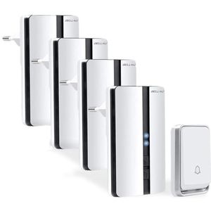 Bell4U Draadloze bel, 4 ontvangers, deurbel draadloos, zonder batterijen (kinetische energie), 1 waterdichte beldrukker, knipperende led, 4 volumeniveaus, 52 beltonen, wit