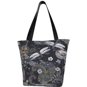 BeNtli Schoudertas, canvas draagtas grote tas vrouwen casual handtas herbruikbare boodschappentassen, libellen grijs, zoals afgebeeld, Eén maat