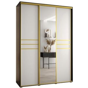 MEBLE KRYSPOL Davos 11 170 Kledingkast met drie schuifdeuren voor slaapkamer - Moderne Kledingkast met spiegel, kledingroede en planken - 235,2x170x60 cm - Zwart Wit Goud