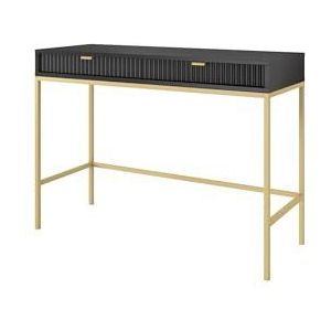 DomoHome Geribbelde make-uptafel, consoletafel met gouden handgrepen en stalen frame, bureau van MDF met ABS-randen, 2 laden met gefreesde voorkant, 104 x 78 x 50 cm, matzwart, metalen poten, goud