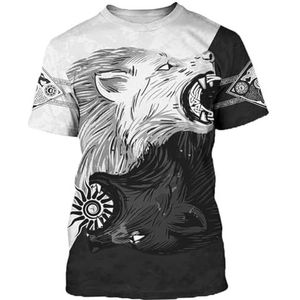 Heren 3D-geprint Viking T-shirt - Novel Harajuku Nordic Odin Fenrir Wolf Tattoo Casual Ronde Hals Korte Mouw - Zomer Verfrissend Sneldrogend Sporttop (Color : Viking A, Size : XS)