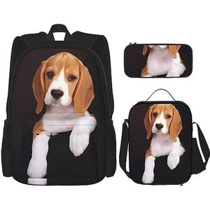 Ovely Pet Dog Beagle Rugzak met grote capaciteit, lunchtas, pennenzak, 3-delige set voor kantoor, reizen, kamperen, uniseks, Zwart, Eén maat
