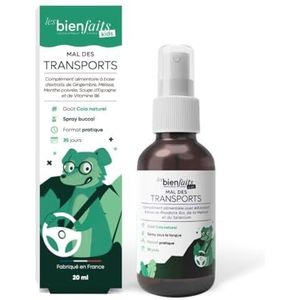 Kids Transportpijnspray, snelwerking, anti-braken, anti-misselijkheid, effect in 5 minuten, gember, melisse, pepermunt, Spaanse salie, vitamine B
