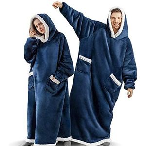 Extra lange hoodie deken sweatshirt, super warm en gezellig grote deken hoodie, draagbare dikke flanellen deken met mouwen en handige zakken voor vrouwen en mannen, Blauw, L/XL