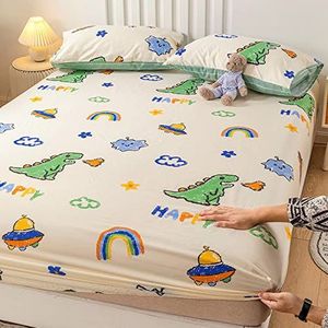 Fitted Sheets Single 90 * 200cm 1PCS,Cartoon Cotton Fitted Bed Sheets, Mattress Protector Bedspread Bedroom For Boys And Girls Dinosaur