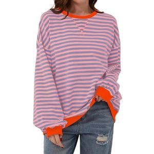 Oversized Sweatshirt for Women Striped Color Block Long Sleeve Crewneck Sweater Sports Casual Loose Fit Pullover Tops (L,1)
