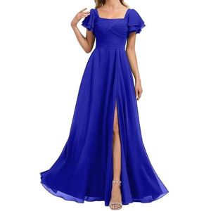 HPPEE Chiffon bruidsmeisjesjurken voor dames met spleetmouwen, geplooid, A-lijn, formele avondjurk, feestjurk, koningsblauw, 32