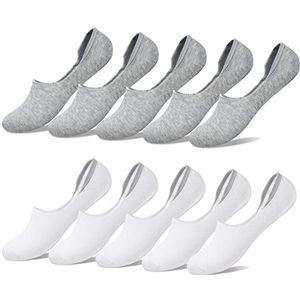 YouShow Sneakersokken voor dames en heren, 10 paar, onzichtbaar, uniseks, 5 x wit + 5 x grijs, 39-42 EU