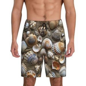 Heren zeeschelpen zand print lounge shorts pyjama bodems nachtkleding shorts kerst shorts losse sportbroek, Zwart, XL
