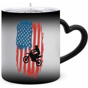 USA Vlag Motocross Dirtbike Koffie Mok 11oz Kleur Veranderende Mokken Hartvormig Handvat Warmtegevoelige Verkleuring Cups