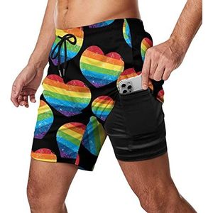 Gay Rights Regenboog Retro Hart Vlag Mannen Zwembroek Sneldrogende 2-in-1 Strand Sport Shorts met Compressie Liner En Pocket