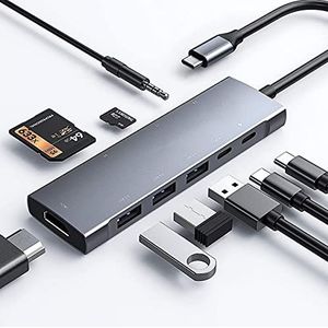 USB C Hub multiport adapter voor iPad Pro MacBook Pro Air M1 2021-2018, 9-in-1 USB C 4K HDMI-adapter met 3.5mm Jack, 3xUSB3.0, SD/Micro SD kaartlezer, 60W USB C opladen, USB-C 3.0 gegevens