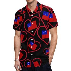 I Love Samoan Red Heart Heren Shirts met korte mouwen Casual Button-down Tops T-shirts Hawaiiaanse strand T-shirts M