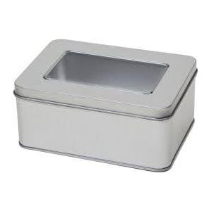 Luxe - Rechthoekige blik - Met venster en los overschuifdeksel - Koektrommel - Cakeblik - Bewaarblik Opbergblik - Rechthoekig - Los deksel - Venster - Klein - Zilver