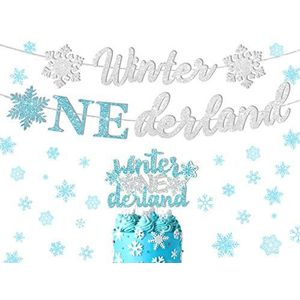Winter Onederland Banner taart Topper blauw & zilver sneeuwvlok verjaardagsdecoratie Winter Wonderland 1e verjaardag partij Baby douche benodigdheden meisjes jongens