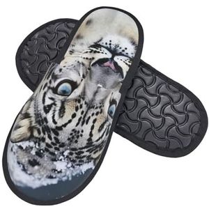 KHiry Schuimpantoffels voor mannen en vrouwen, blauwe eyed sneeuw luipaard (1) Fuzzy Slippers Huis Winter Warme Schoenen voor Slaapkamer Outdoor Indoor, Zwart, one size
