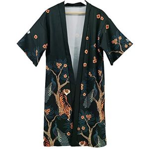 Tijgerkimono met riem, Japanse esthetische kleding, kimono-gewaad, Japanse kleding, gewaad, haori, Donkergroen, one size