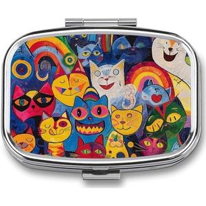 Vierkante pillendoos draagbare metalen pillenetui 2 compartimenten kleine reispillenorganisator schattige bloemen en kat vitamines houder organizer voor portemonnee zak