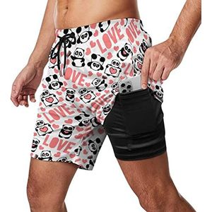 Panda Love Zwembroek voor heren, sneldrogend, 2-in-1 strandsportshorts met compressieliner en zak