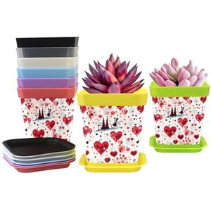 8-pack vierkante plastic plantenbakken met drainagegaten en schotels bloempotten zaailing Valentijnsdag harten rode kwekerij pot