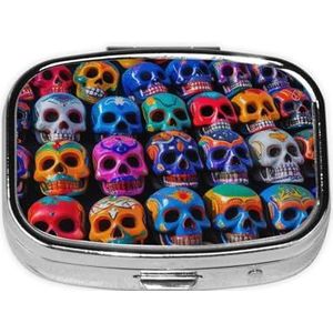 Stijlvolle vierkante pillendoos kleur schedels metalen pillendoos 2 compartimenten medicijnpillenhouder houder, draagbare pillenorganizer doseerdoos, kleine pillendoos voor op reis voor portemonnee en