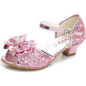 GSJNHY Prinsessenschoenen voor meisjes, prinsessenschoenen voor meisjes en jongens, vrijetijdsschoenen met glitter, hoge hak, bloemen, knopen, dans, feest, Tg002b Roze, 36 EU