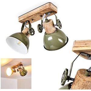 Plafondlamp Orny, metaal/houten plafondlamp in groen/wit/bruin, 2 lampen, met verstelbare spots, 2 x E27 fitting, retro/vintage design spot, zonder gloeilampen