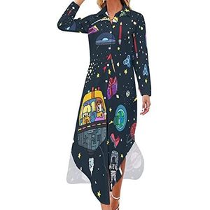 Mysterious Universe Maxi-jurk voor dames, lange mouwen, knoopsluiting, casual party, lange jurk, 2XL