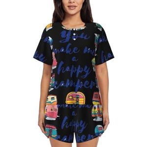 YQxwJL You Make Me Happy Camper Trailer Print Dames Pyjama Sets Shorts Korte Mouw Lounge Sets Nachtkleding Casual Pjs Met Zakken, Zwart, L