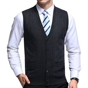 FULIER Heren Winter Wol V-hals Gilet Mouwloos Vest Vest Casual Gentleman Knitwear Vesten Gebreide Trui Tank Tops Jurk Knopen Ontwerp, Donkergrijs, L