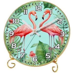 Wandklok werkt op batterijen, gemakkelijk te lezen, cartoon flamingo's tropische bladeren, ronde stille klok 9,4 inch