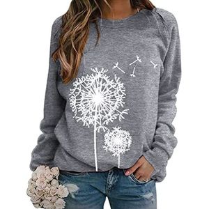 Dresswel Dames paardenbloem sweatshirt lange mouwen paardenbloem print trui herfst winter blouse tops bovenstuk, 2-grijs, S