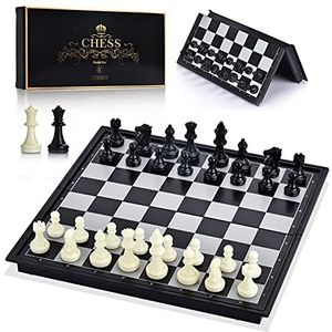 OkidSTEM Schaakspel met magnetisch reis-schaakbord en 2 extra koninginnen voor kinderen en volwassenen (zwart en wit, 25 x 25 cm)