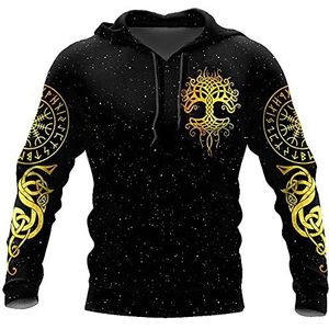 Mens Noorse Mythologie Viking Rune Pullover Hoodie, Vintage Odin Crow Tree Of Life Tattoo Sweatshirts, Middeleeuwen Totem Print Koord Met Lange Mouwen Streetwear