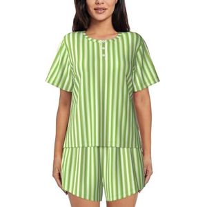 RIVETECH Klassieke groene gestreepte print dames pyjama met korte mouwen - comfortabele korte sets, mouwen nachtkleding met zakken, Zwart, XL