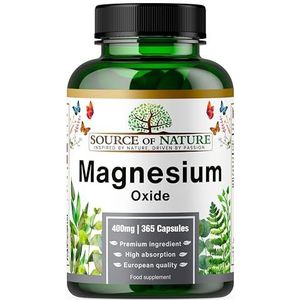 Magnesiumoxide 665 mg | 400 mg Elementair Magnesium | 365 Vegan Capsules | Hoog Gedoseerd | Jaarvoorraad | Source of Nature
