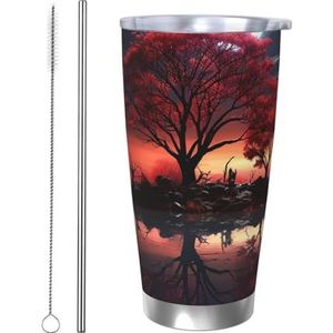 QMNEHJ 20oz roestvrijstalen beker met deksel en rietje, dubbelwandige vacuüm geïsoleerde koffie thermische beker rode boom meer maan reizen koffiemok herbruikbare waterfles voor warme en koude drank