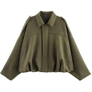 Bomberjack Van Suède For Dames, Kort Overgangsjack, Leren Reversjas Met Ritszak, Lange Mouwen Casual Plus Size Y2k-jas, Modieuze Winterjas For De Herfstovergangsperiode Damesjassen(Army green,L)