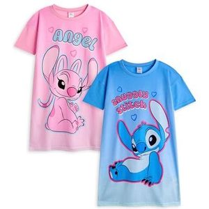 Disney Angel & Stitch meisjes nachthemd pyjamaset, set van 2 | Nacht-T-shirt met lange mouwen en pyjamabroek voor kinderen in blauw en roze | Kinderslaaptopje en -broek