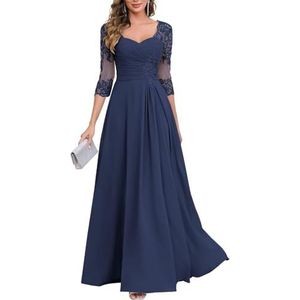 KIYNE Dames kanten applicatie chiffon moeder van de bruid jurken met mouwen V-hals geplooide avond formele jurk, Donkerblauw, 32