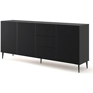 BIM Furniture Commode Ravenna B 3D3S 200 cm met gefreesde voorkant hoogwaardig MDF, sideboard, buffet op zwarte metalen penpoten, 3 kasten, 3 laden (mat zwart)