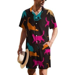 Kleurrijke Katten Silhouet Heren Hawaiiaanse Pak Set 2-delig Strand Outfit Korte Mouw Shirt En Shorts Bijpassende Set