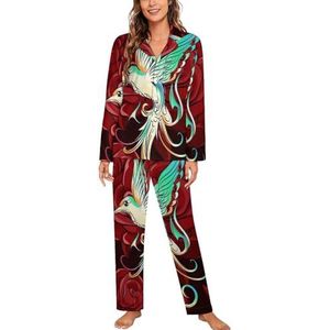 Kolibrie En Rode Roos Pyjama Sets Met Lange Mouwen Voor Vrouwen Klassieke Nachtkleding Nachtkleding Zachte Pjs Lounge Sets