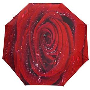 BIGJOKE 3 Vouwen Auto Open Sluit Paraplu Bloemenrode Rose Print Winddicht Reizen Lichtgewicht Regen Paraplu Compact voor Jongens Meisje Mannen Vrouwen