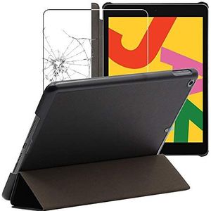 ebestStar - Hoes voor iPad 10.2 (2019, 2020, 2021) Apple, Slanke Design PU Lederen Etui, Automatische Slaap/Wake, SmartCase hoesje, Zwart + Gehard Glas