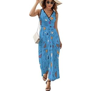Harten en ik hou van je tekst in blauwe dames lange jurk mouwloze maxi-jurk zomerjurk strand feestjurken avondjurken XL