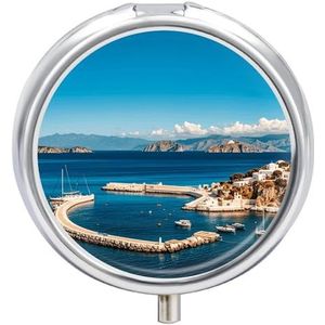 Ronde pillendoos pillenorganizer voor reizen Grieks eiland zeezicht pillenhoesjes 3 compartimenten draagbare pillendoos medicijntablethouder voor vitamine mini pillendoosje